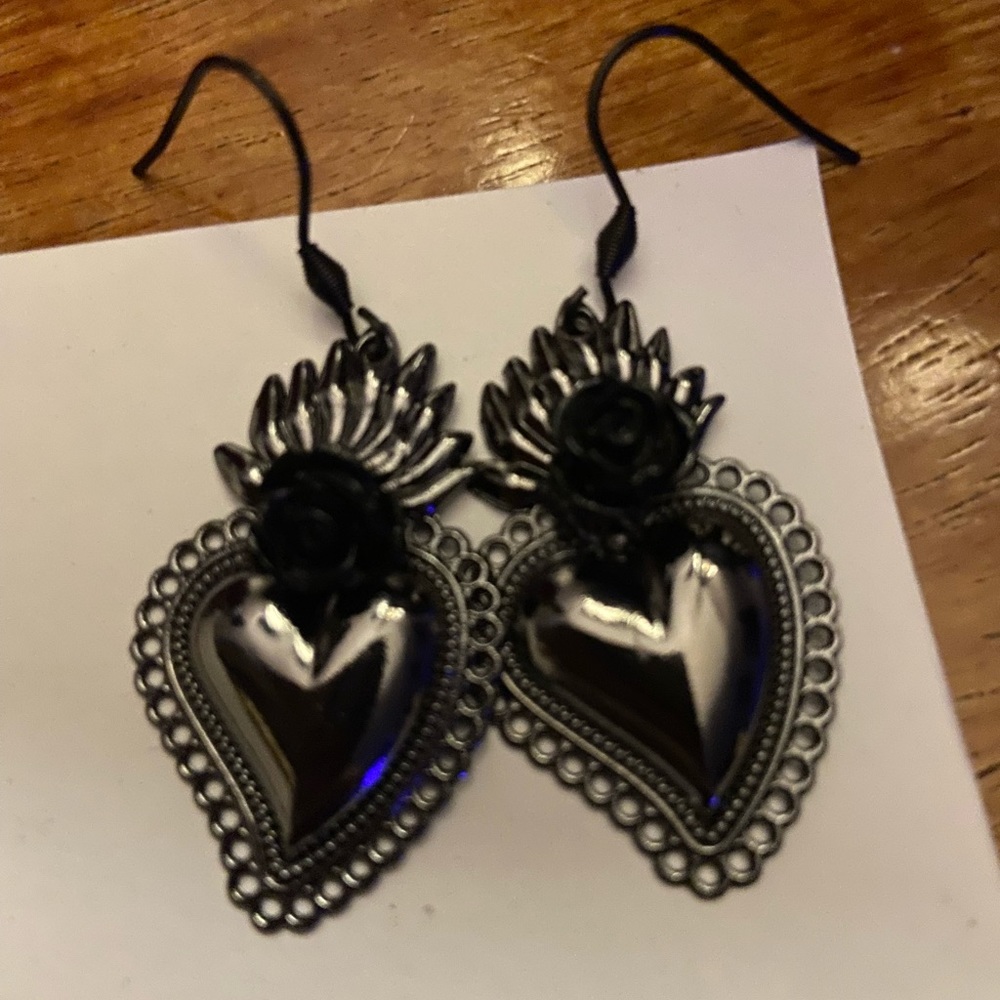 Black Rose Sacred Heart Earrings Dangle